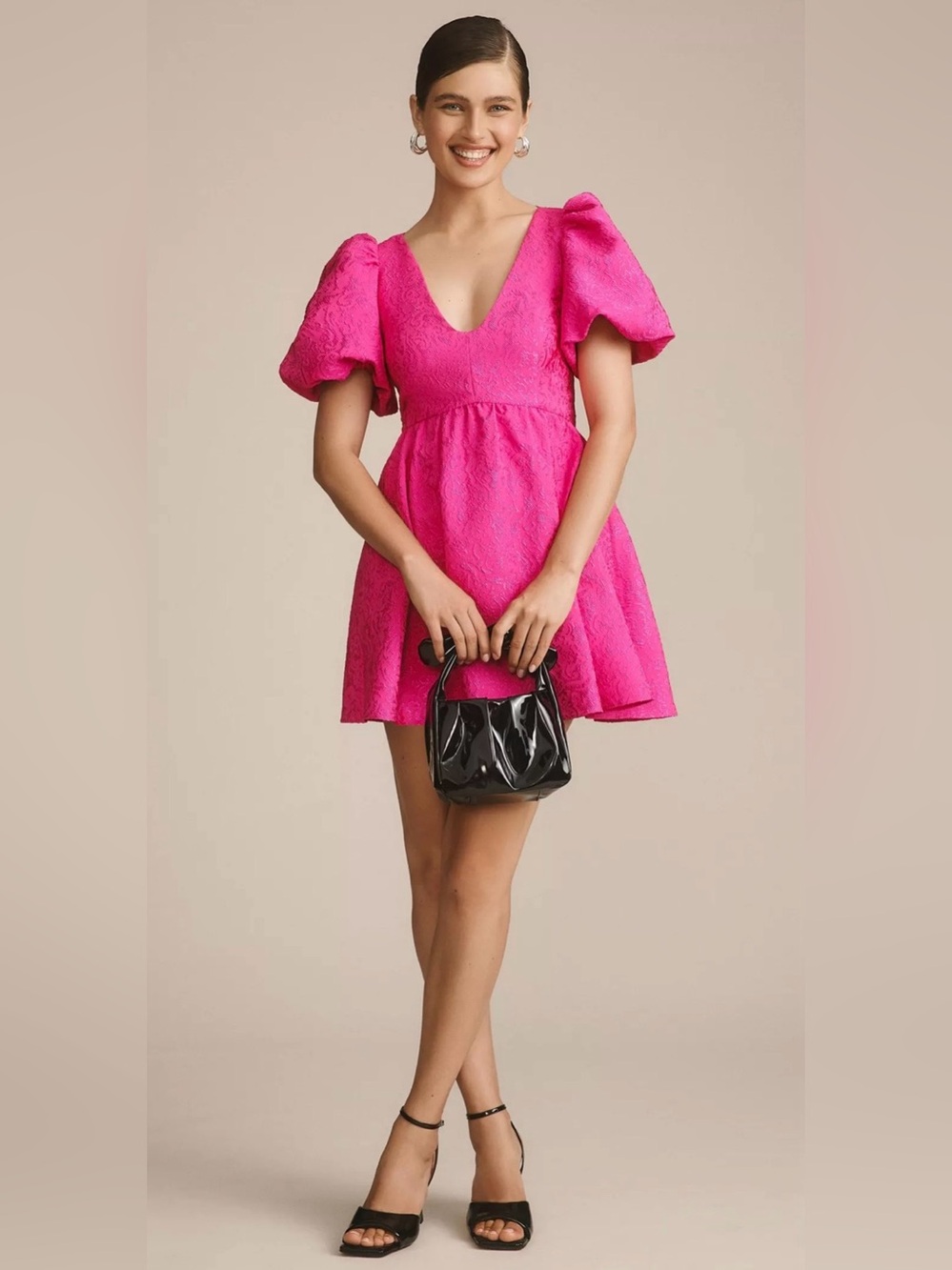 Sachin + Babi Fuchsia Puff-Sleeve V-Neck Mini Dress